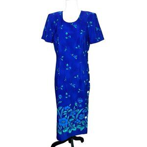 Vintage Miss Dorby Petites Blue Floral Midi Dress Short Sleeves Button Side M/L